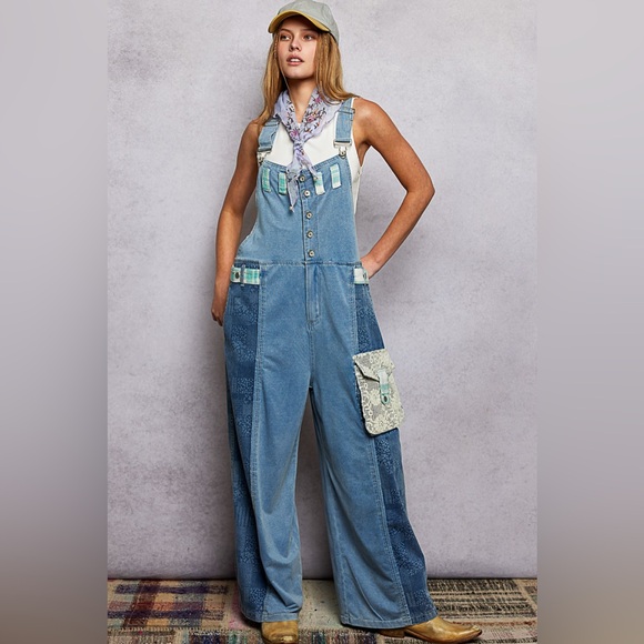 POL Printed Patchwork Denim Overalls